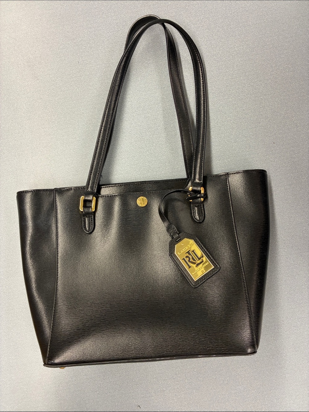 Ralph Lauren Black Leather Tote with Gold Accent Tag